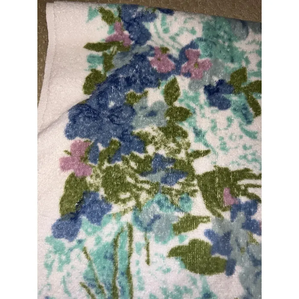 Vtg 70s Lady Pepperell Towel Set Fringed Blue Green Floral Roses Cotton 3 Pc